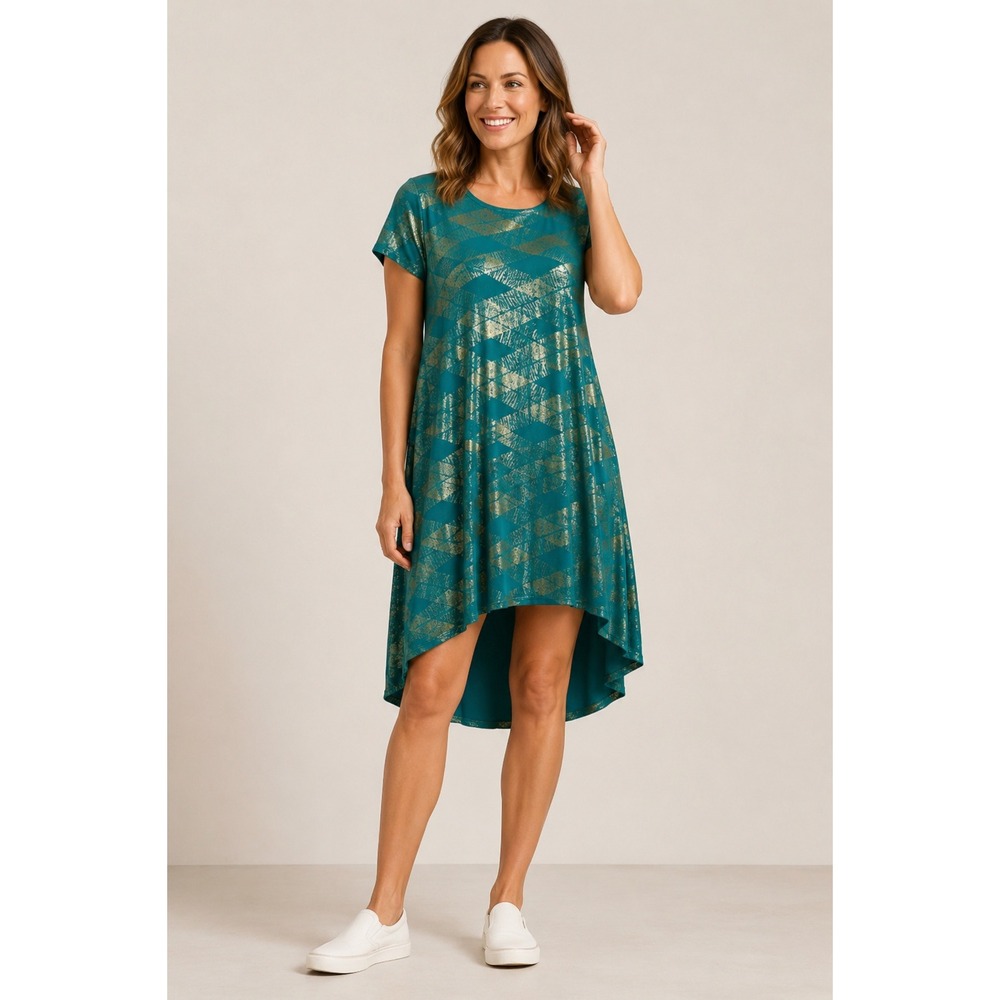 LulaRoe‎ Dress Womens XS Teal Blue Gold High Low Soft Polyester